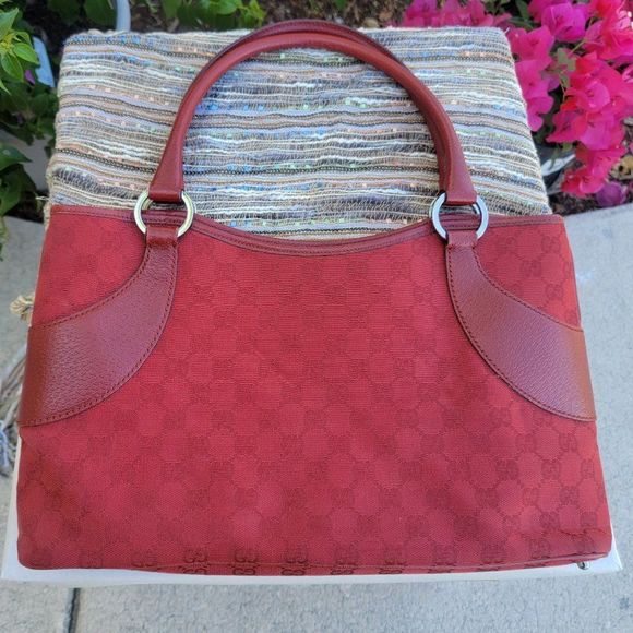 Gucci Jacquard Tote-Red Canvas-Monogrammed Canvas-Red Leather-Ruthenium - Picture 4 of 6
